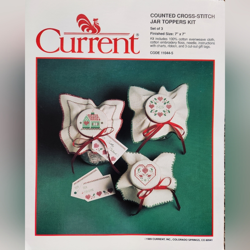 NWT 1980s Counted Cross-Stitch 3 Jar Toppers Kit - Country Theme